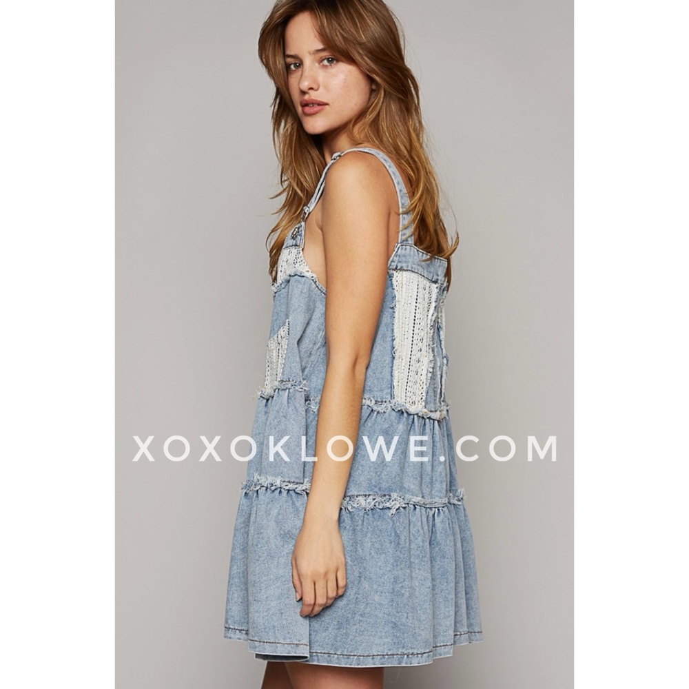 POL Denim + Crochet Patch Tiered Skirtall Mini Dress - Picture 8 of 16